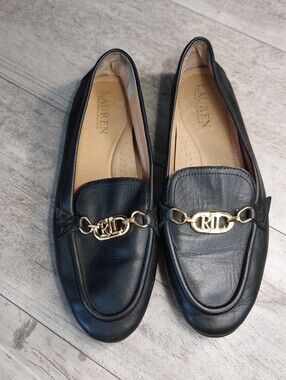 Lauren Ralph Lauren Black Leather Loafers with Gold Chain Logo.Sz 7